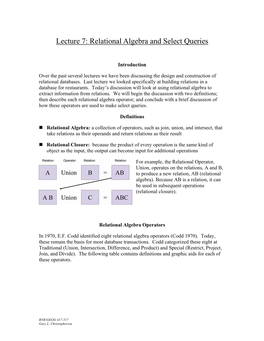 Lecture 7: Relational Algebra and Select Queries