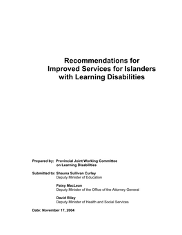 Recommendations for Improved Services for Islanders with Learning Disabilities