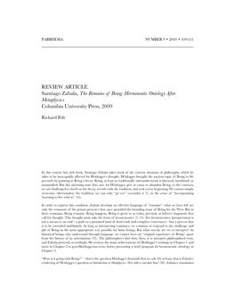REVIEW ARTICLE Santiago Zabala, the Remains of Being: Hermeneutic Ontology After Metaphysics Columbia University Press, 2009
