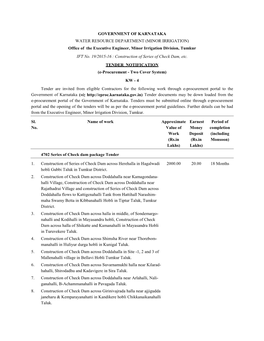 GOVERNMENT of KARNATAKA WATER RESOURCE DEPARTMENT (MINOR IRRIGATION) Office of the Executive Engineer, Minor Irrigation Division, Tumkur IFT No