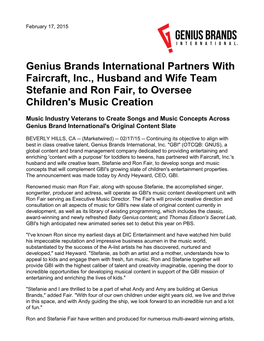 Genius Brands International Partners with Faircraft, Inc., Husband and Wife Team Stefanie and Ron Fair, to Oversee Children's Music Creation