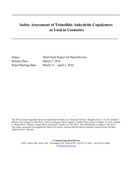 Safety Assessment of Trimellitic Anhydride Copolymers As Used in Cosmetics