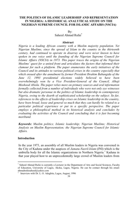 The Politics of Islamic Leadership and Representation in Nigeria: a Historical Analytical Study on the Nigerian Supreme Council for Islamic Affairs (Nscia)