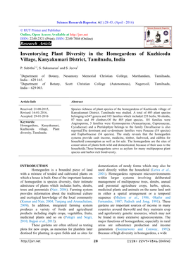 Inventorying Plant Diversity in the Homegardens of Kuzhicodu Village, Kanyakumari District, Tamilnadu, India