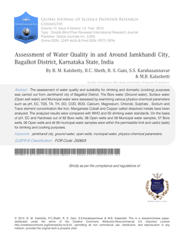 Assessment of Water Quality in and Around Jamkhandi City,Bagalkot