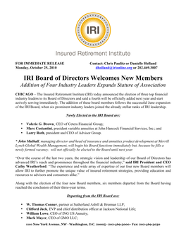 IRI Board of Directors Welcomes New Members Addition of Four Industry Leaders Expands Stature of Association