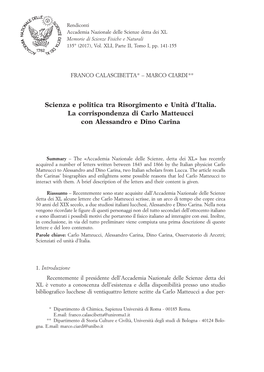 Scienza E Politica Tra Risorgimento E Unità D'italia. La Corrispondenza Di