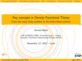 Key Concepts in Density Functional Theory from the Many Body Problem to the Kohn-Sham Scheme