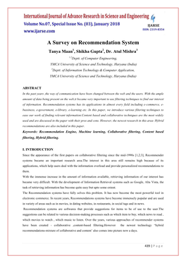A Survey on Recommendation System Tanya Maan1, Shikha Gupta2, Dr