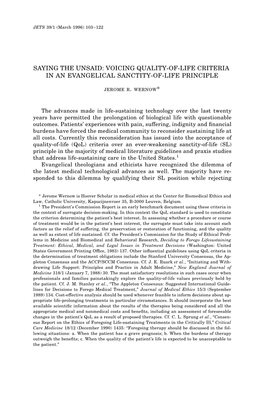 Saying the Unsaid: Voicing Quality-Of-Life Criteria in an Evangelical Sanctity-Of-Life Principle Jerome R