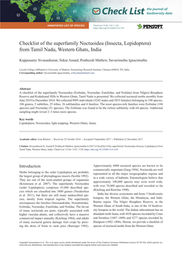 Checklist of the Superfamily Noctuoidea (Insecta, Lepidoptera) from Tamil Nadu, Western Ghats, India