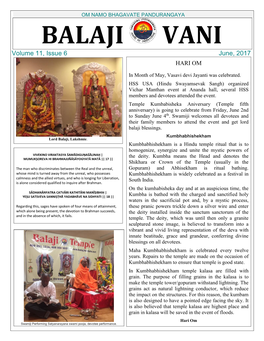 OM NAMO BHAGAVATE PANDURANGAYA BALAJI VANI Volume 11, Issue 6 June, 2017