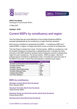 Current Msps by Constituency and Region