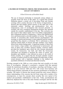 Akroterion 58 (2013) 79-96 80 KOOL They Played in the Development of Psychoanalysis Remains, for the Most Part, Unacknowledged