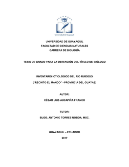 Universidad De Guayaquil Facultad De Ciencias Naturales Carrera De Biología Tesis De Grado Para La Obtención Del Título De Bi