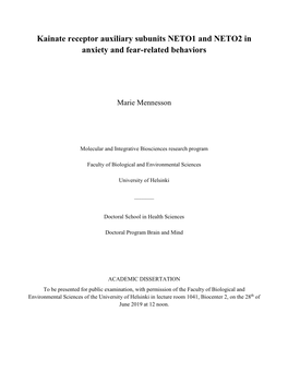 Kainate Receptor Auxiliary Subunits NETO1 and NETO2 in Anxiety and Fear-Related Behaviors