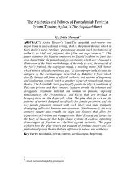 The Aesthetics and Politics of Postcolonial/ Feminist Prison Theatre: Ajoka 'S the Acquittal/Barri