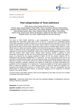 Pest Categorisation of Tecia Solanivora