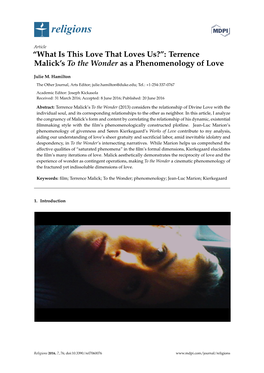 Terrence Malick's to the Wonder As a Phenomenology of Love