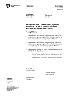 Hastighetsplaner. Trafiksäkerhetsåtgärder I Delområde 1, Etapp 2, Spånga/Tensta Och Kungsholmen