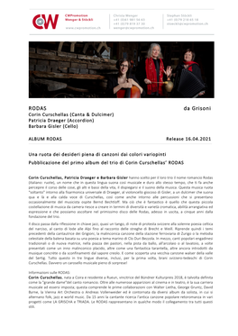 RODAS Da Grisoni Corin Curschellas (Canta & Dulcimer) Patricia Draeger (Accordion) Barbara Gisler (Cello)