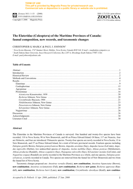 Zootaxa, the Elateridae (Coleoptera) of the Maritime Provinces of Canada