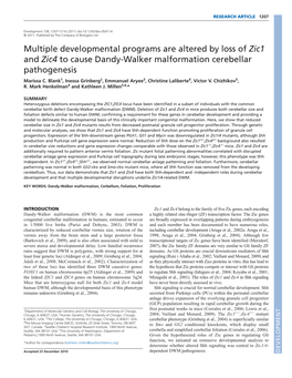 Multiple Developmental Programs Are Altered by Loss of Zic1 and Zic4 to Cause Dandy-Walker Malformation Cerebellar Pathogenesis Marissa C