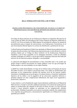 Resolución Provisional De Concesión De Ayudas a Clubes No Profesionales Con Equipos De División De Honor Y De Liga Nacional