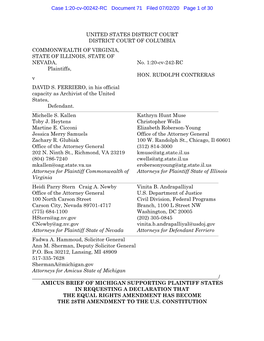 Amicus Brief of Michigan Supporting Plaintiff States in Requesting a Declaration That the Equal Rights Amendment Has Become the 28Th Amendment to the U.S