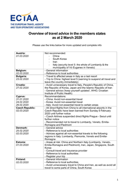 Overview of Travel Advice in the Members States As at 2 March 2020