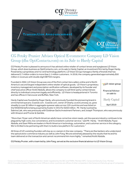 CG Petsky Prunier Advises Optical E-Commerce Company LD Vision Group (Dba Opticontacts.Com) on Its Sale to Hardy Capital