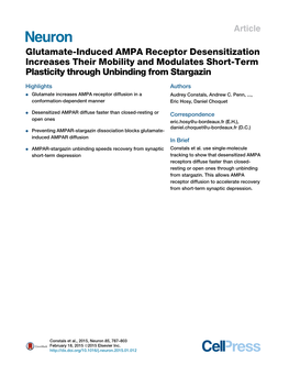 Glutamate-Induced AMPA Receptor Desensitization Increases Their Mobility and Modulates Short-Term Plasticity Through Unbinding from Stargazin