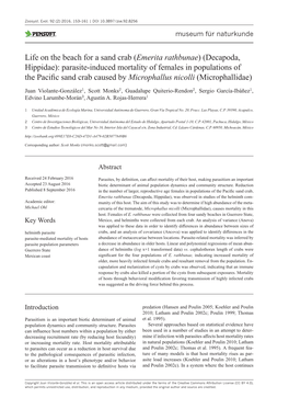 Emerita Rathbunae) (Decapoda, Hippidae): Parasite-Induced Mortality of Females in Populations of the Pacific Sand Crab Caused by Microphallus Nicolli (Microphallidae)