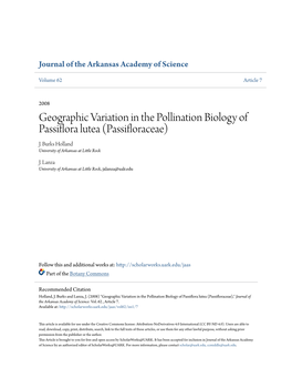 Geographic Variation in the Pollination Biology of Passiflora Lutea (Passifloraceae) J