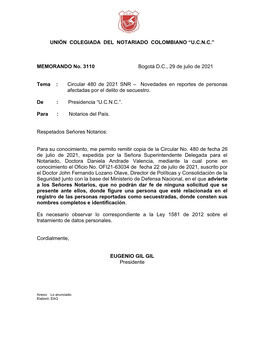 “UCNC” MEMORANDO No. 3110 Bogotá DC, 29 De Julio De 2021 Tema