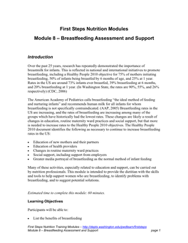 First Steps Nutrition Modules Module 8 – Breastfeeding Assessment and Support