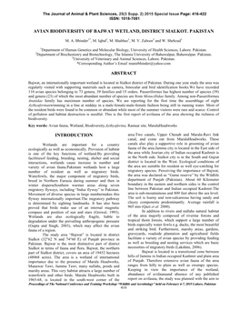 Avian Biodiversity of Bajwat Wetland, District Sialkot, Pakistan