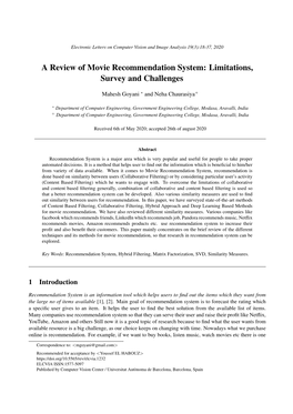 A Review of Movie Recommendation System: Limitations, Survey and Challenges