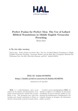 Perfect Psalms for Perfect Men: the Use of Lollard Biblical Translations in Middle English Vernacular Preaching Ileana Sasu