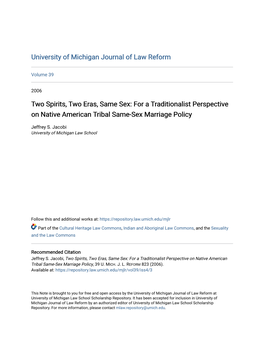 For a Traditionalist Perspective on Native American Tribal Same-Sex Marriage Policy