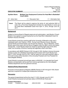 Board of Regents Meeting April 17, 2012 Item #1 EXECUTIVE SUMMARY Page 1 of 5 Contact Information