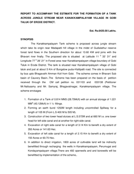 Report to Accompany the Estimate for the Formation of a Tank Across Jungle Stream Near Kanakkampalayam Village in Gobi Taluk of Erode District