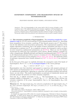 Arxiv:1601.02416V2 [Math.MG] 25 Feb 2017 Extension Complexity of the Proper Hypersimplices, That Is, the Hypersimplices ∆N,K with 2 ≤ K ≤ N − 2