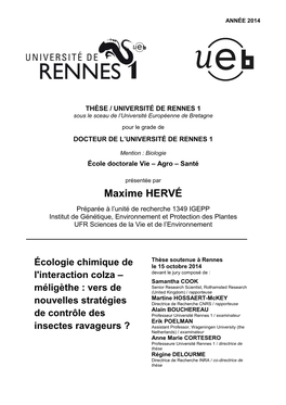 Maxime HERVÉ Préparée À L’Unité De Recherche 1349 IGEPP Institut De Génétique, Environnement Et Protection Des Plantes UFR Sciences De La Vie Et De L’Environnement