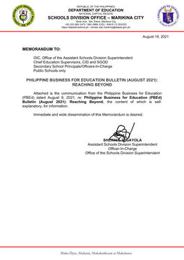 SCHOOLS DIVISION OFFICE – MARIKINA CITY Shoe Ave., Sta