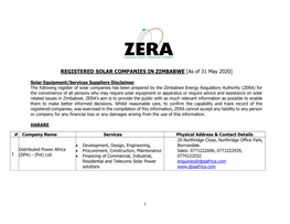 REGISTERED SOLAR COMPANIES in ZIMBABWE [As of 31 May 2020]