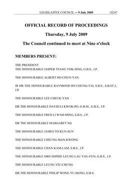 OFFICIAL RECORD of PROCEEDINGS Thursday, 9 July