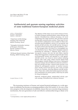 Antibacterial and Quorum Sensing Regulatory Activities of Some Traditional Eastern-European Medicinal Plants