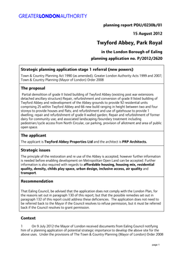 Twyford Abbey, Park Royal in the London Borough of Ealing Planning Application No