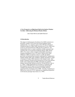 Tasker-Brown/Patterson a New Perspective on High-Speed Rail in the Quebec-Windsor Corridor: Addressing the Distance/Density Deba